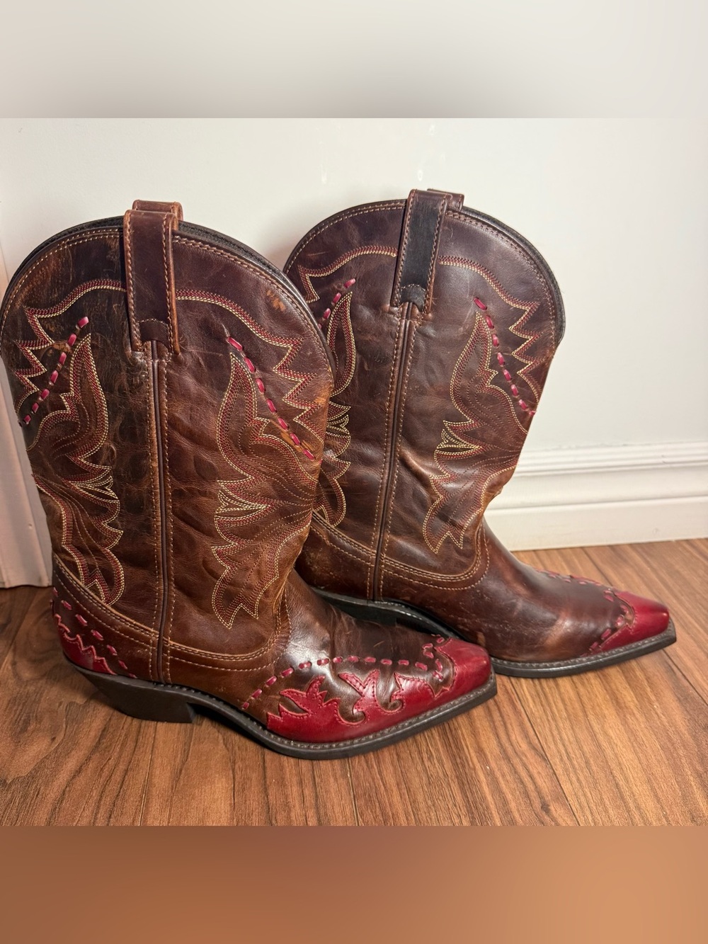 Vintage Brown Red Cowgirl Fall Boots Country Western Two Tone Boots Womens US10